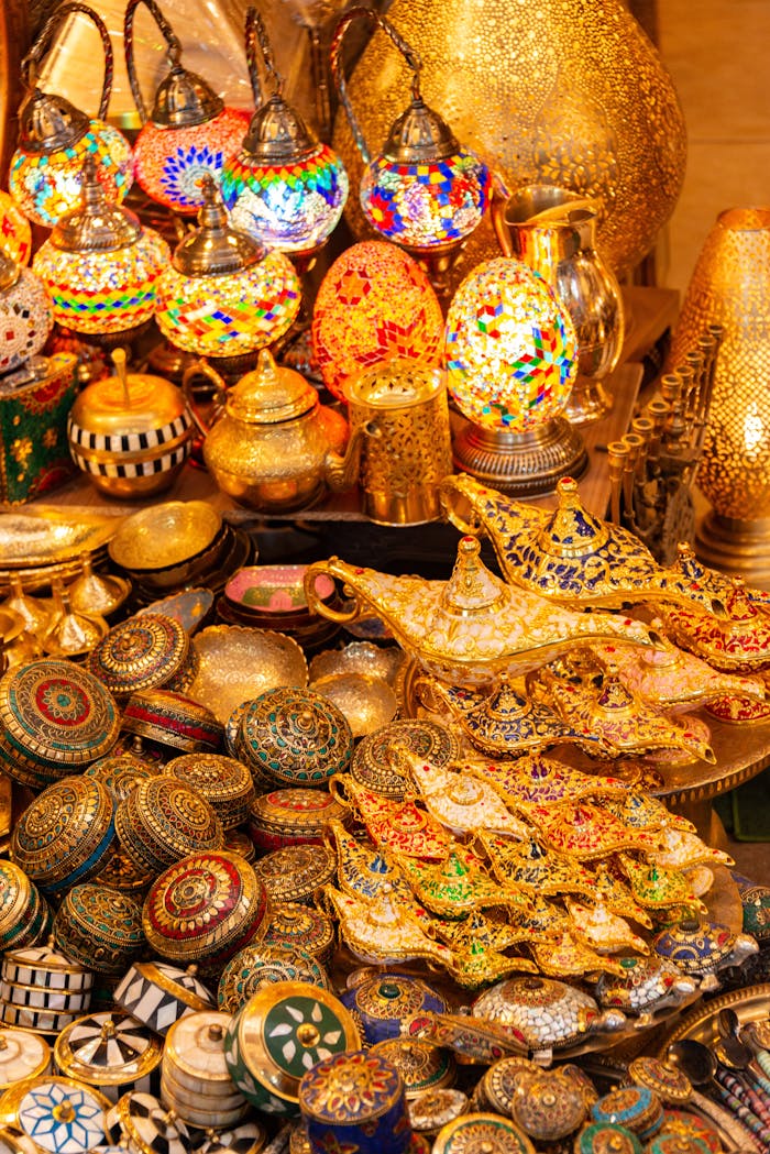 Colorful traditional lamps and decor items at a vibrant bazaar market display.